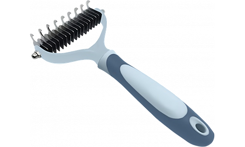 Blå demattningskam för hundar och katter med rostfria blad och ergonomiskt handtag för bekväm grooming.