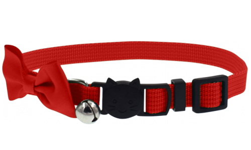 Röd kattkrage med en stilfull rosett och breakaway-spänne, justerbar och lätt, med en klocka för charm och säkerhet.