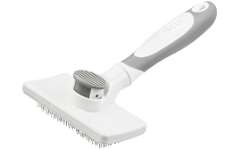 Självrengörande slickerborste för hundar och katter med indragbara borst och knappmekanism för enkel rengöring.