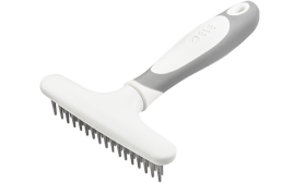 Hundkam för underull med 32 metallpiggar och vitt ergonomiskt handtag, för pälsvård och borttagning av överflödig päls.