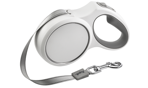 Reflekterande infällbart hundkoppel i nylon Vit utdragbar hundkoppel med ergonomiskt grått handtag, utdragbar upp till 5 meter, med robust klämma för säker fastsättning.