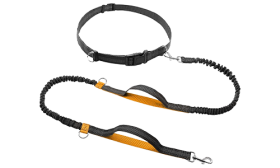 Orange handsfree-löpband för hund, utdragbart, 70–120 cm långt och 2,5 cm brett, justerbart bälte och vadderade handtag.