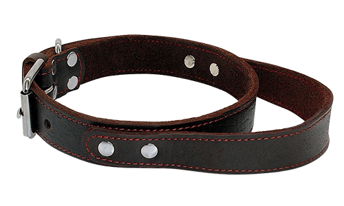 Taktiskt hundhalsband i äkta läder med snabbgreppshandtag Brunt hundhalsband i äkta läder med snabbgrepphandtag, hållbart och starkt, med justerbart metallspänne.