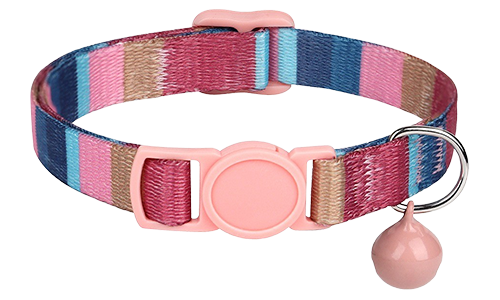 Randigt rosa säkerhetskatthalsband, justerbart och lätt, med matchande rosa spänne och bjällra.