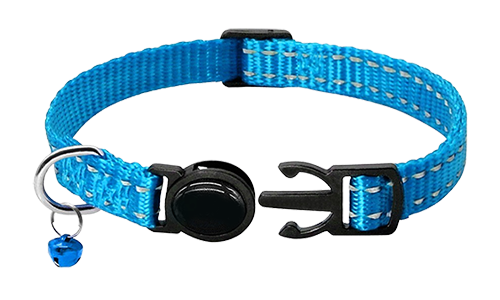 Reflekterande blått säkerhetskatthalsband, justerbart 21–34 cm långt och 1 cm brett, reflekterande och lätt nylonmaterial.