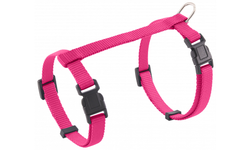 Rosa kattsel med justerbara remmar och en robust metall-D-ring för kopplingsfäste, för säker och bekväm användning.