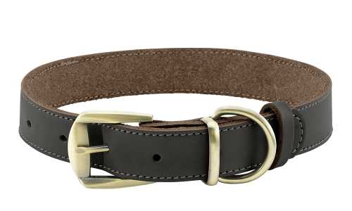 Lyxigt hundhalsband i äkta brunt läder med justerbart guldfärgat spänne, hållbart och starkt, med D-ring för koppel.