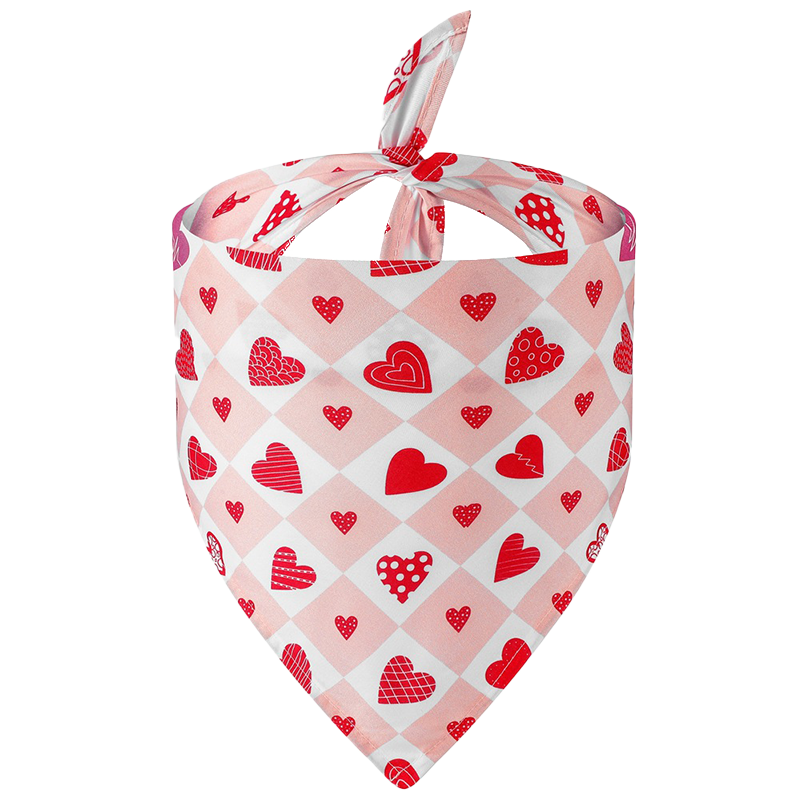 Hundscarf med hjärttryck Tryckt hundbandana med hjärtmönster, rosa och vitt rutmönster med röda hjärtan, perfekt för Alla hjärtans dag.