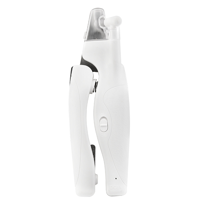 Vit LED-klotång för hundar med inbyggt ljus för precision, ergonomiskt handtag, säkerhetsspärr och nagelfil.