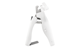 Vit LED-klotång för hundar med inbyggt ljus för precision, med säkerhetsspärr, dold nagelfil och ergonomiskt handtag.