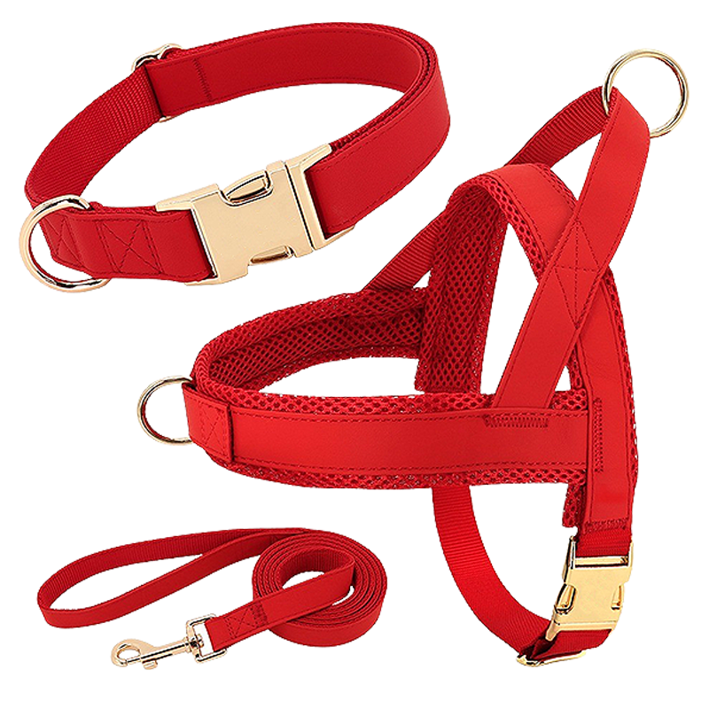 Hundselepaket med halsband och koppel Rött hundsele-kit med matchande halsband och koppel, lätt, hållbart, bekväm och säker passform.