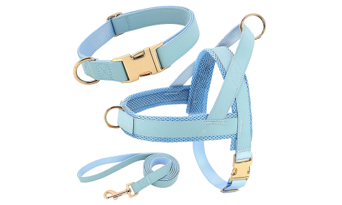 Ljusblått hundsele-kit med matchande halsband och koppel, lätt, hållbart, bekväm och säker passform.