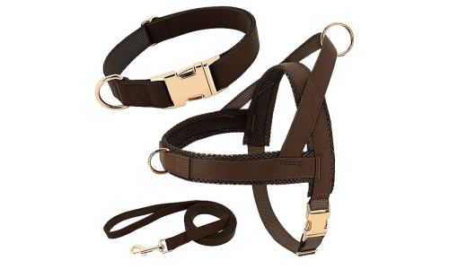 Brunt hundsele-kit med matchande halsband och koppel, lätt, hållbart, bekväm och säker passform.