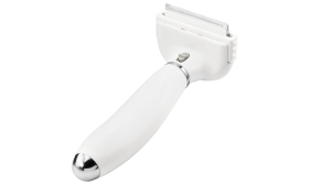 Liten vit borste för hundar med fina metalltänder och handtag, för att minska fällning och ta bort lös päls.