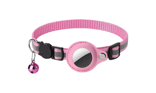 Reflekterande rosa säkerhetskatthalsband med AirTag-hållare, justerbart och lätt för komfort, med rosa bjällra.