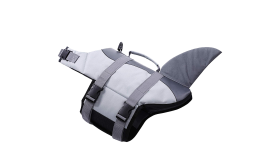 Haj-inspirerad hundflytväst med säkra remmar, justerbar design. Passar olika typer av hundar.