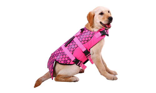 Sjöjungfruinspirerad hundflytväst i rosa med fjällmönster, för flytförmåga. Passar olika typer av hundar.