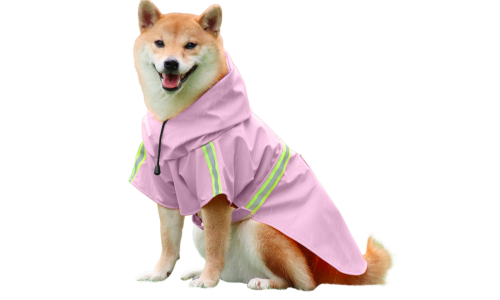 Shiba Inu i en vattentät gul regnrock med reflekterande remsor, enkel att ta på och av, justerbar.