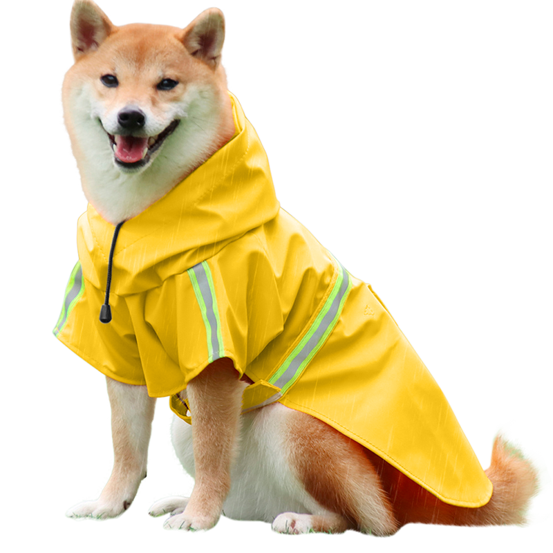 Vattentät Regnjacka med Reflexremsa för Hund Shiba Inu i en vattentät gul regnrock med reflekterande remsor, enkel att ta på och av, för regniga promenader.
