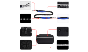 Blå handsfree hundkoppel med reflekterande sömmar, justerbart midjebälte, förvaringsficka, förlängbart från 27 till 48 tum.