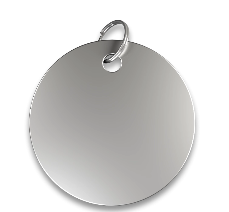 Graverad ID-Bricka Cirkel Rund silverfärgad namnbricka hund med slät finish, silverring och plats för gravyr av hundens namn.
