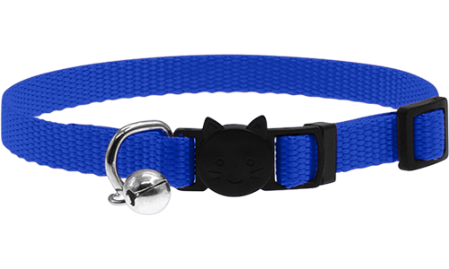 Blå justerbar säkerhetskattkoppel med spänne, lätt material med kattform och liten silverklocka, ideal för komfort.