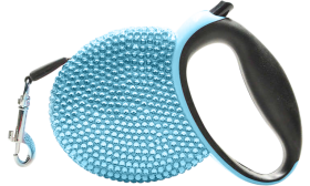 Blått lyxigt rullkoppel för hund, gnistrande blå strass, svart handtag, 3 meter, perfekt för namnbricka hund.