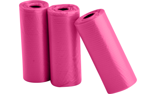 Tre rullar med 15 rosa hundbajspåsar, hållbara och läckfria, perfekta för ren och smidig avfallshantering på promenader.