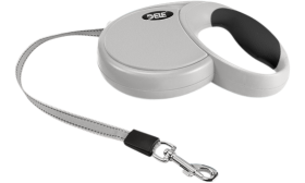 Grått utdragbart hundkoppel med ergonomiskt svart handtag, mjukt grepp och bekvämt, mjukt grepp.