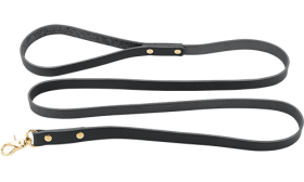 Lyxigt svart hundkoppel i äkta läder, 120 cm långt, robust guldfärgad clip. Idealisk för namnbricka hund.