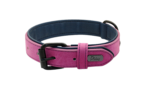 Rosa lyxigt sammetshalsband för hund, längd 35-37 cm, bredd 1,7 cm, med svart metalldragkedja och D-ring.