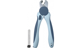 Blå hundklippare med ergonomiska handtag och säkerhetsstopp, med metallfil, passar hundar och katter.